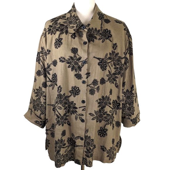 Coldwater Creek Women's 2X Brown Black Beaded Linen Blend Shirt Tunic - Picture 1 of 7